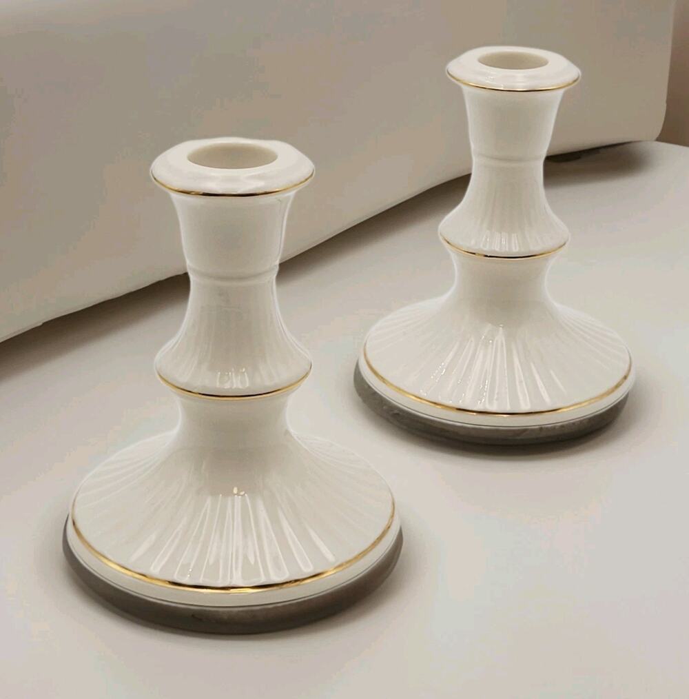 Lenox Illuminations Candlestick Holders Ivory & Gold Set of 2 Vtg